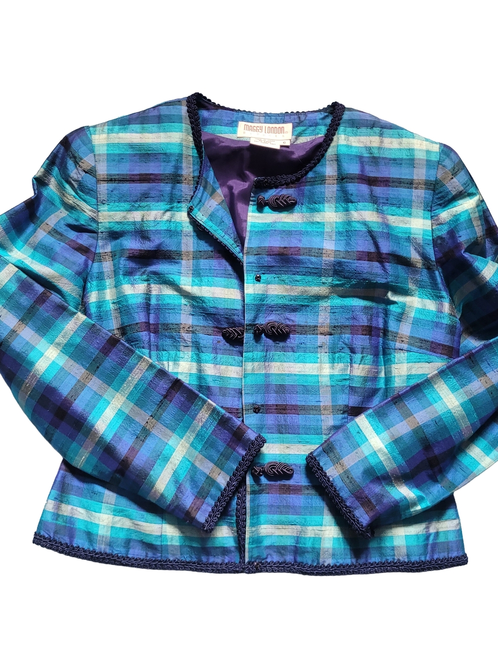Maggy London Blue & Teal Plaid Silk Jacket